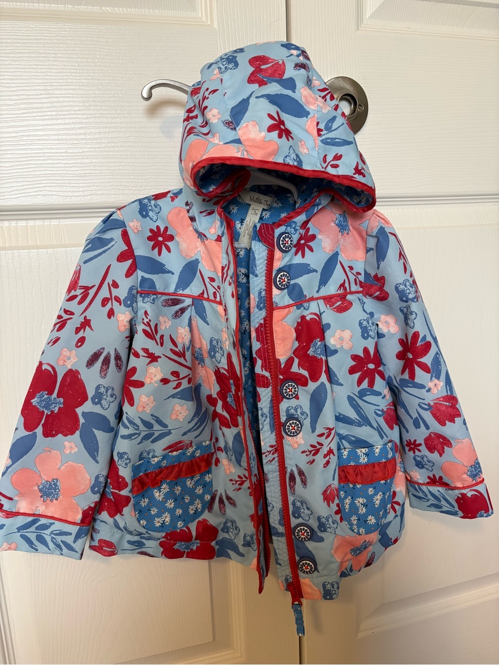 Matilda Jane Rain Blue Floral Hooded Lined Lightweight Jacket Pockets Girls Sz 4